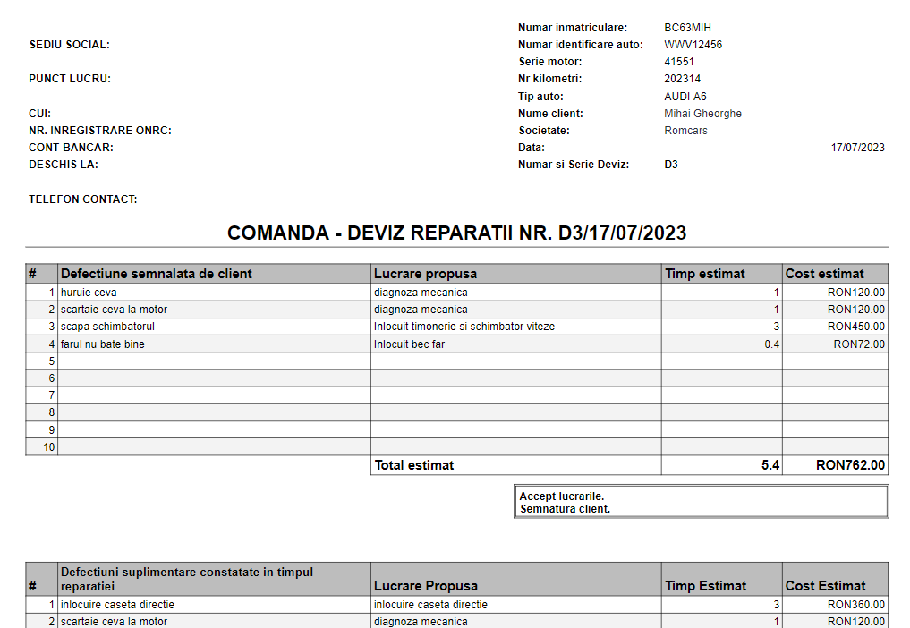 Exemplu de deviz pentru service auto completat în Google Sheets